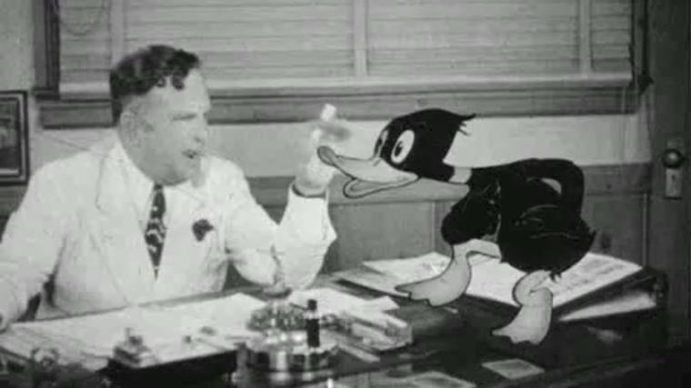 Daffy Duck sells his talents to Leon Schlesinger. Image: lksdj fjd 
